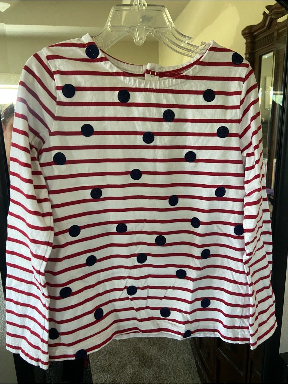 Jacadi White Long Sleeve shirt with Red Stripes and Navy Polka Dots